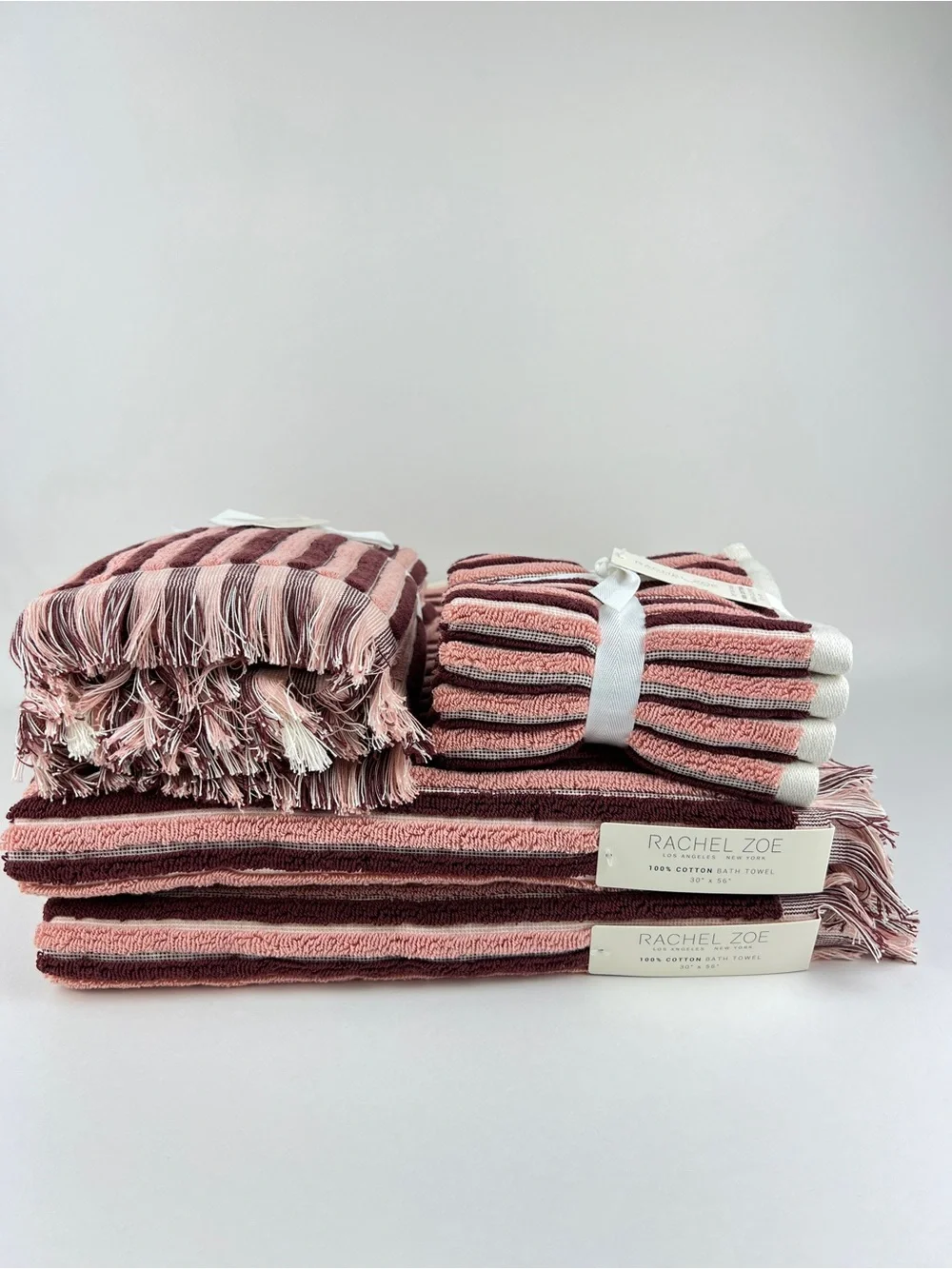 Rachel Zoe Bath Towel Set Pink Burgundy Cream Stripe & Fringe Cotton 8 Pc NEW